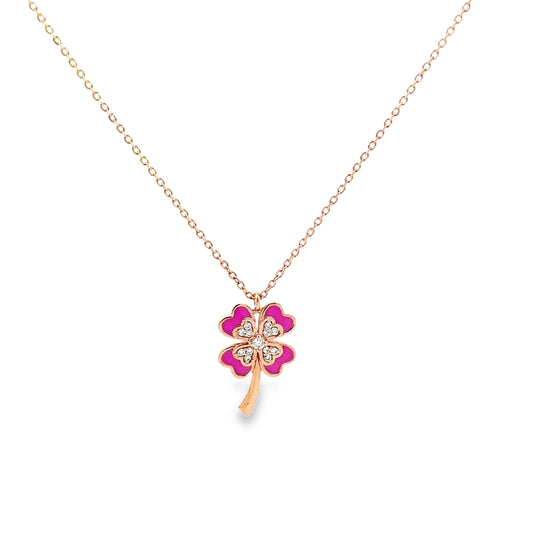 DIAMOND STUDDED PINK CLOVER YELLOW GOLD PENDANT