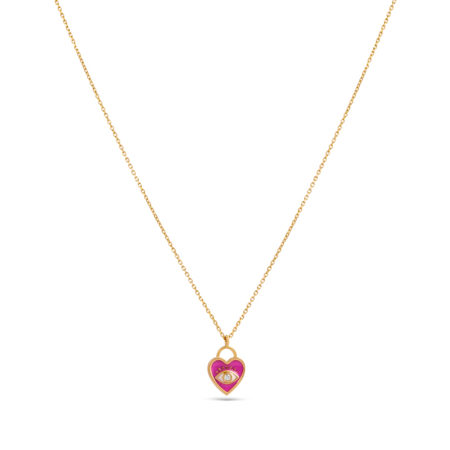 PINK HEART CHARM DIAMOND STUDDED YELLOW GOLD PENDANT CHAIN