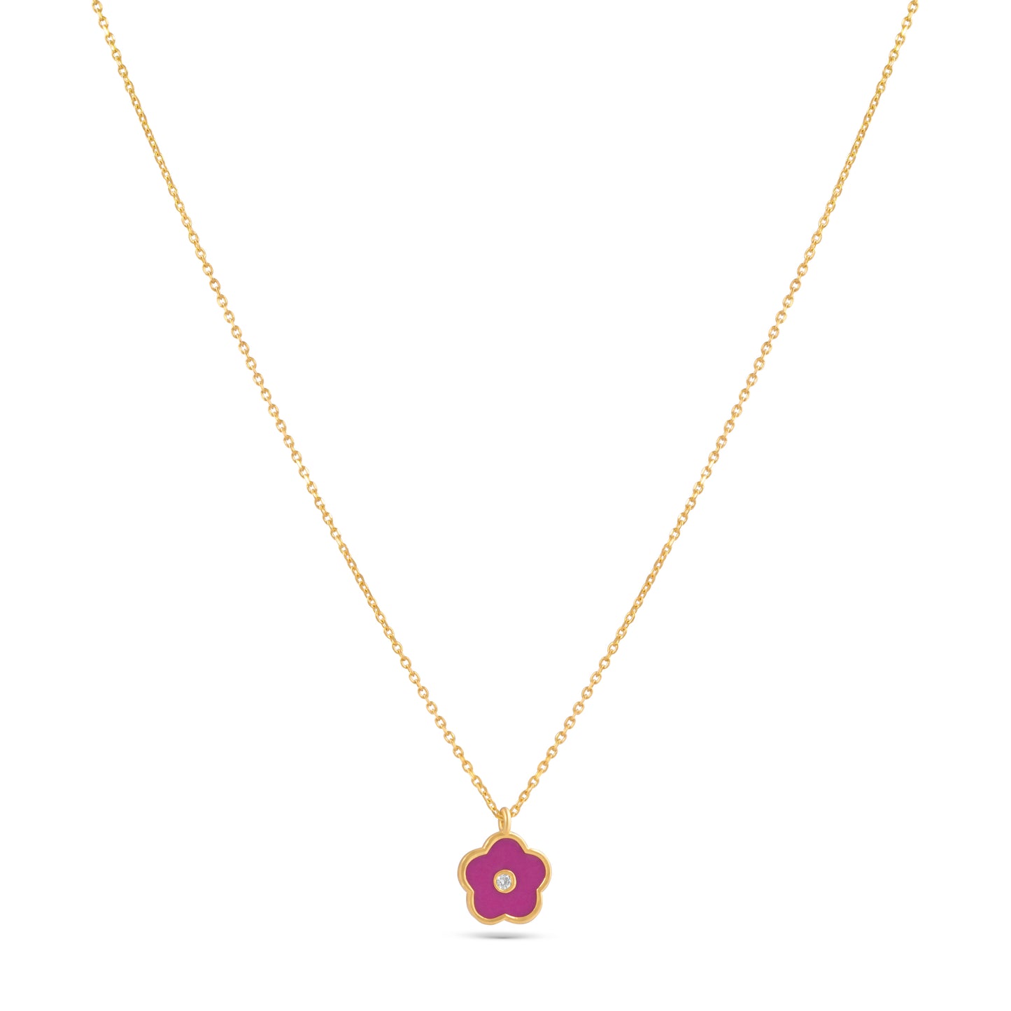 DIAMOND STUDDED PINK FLOWER YELLOW GOLD PENDANT