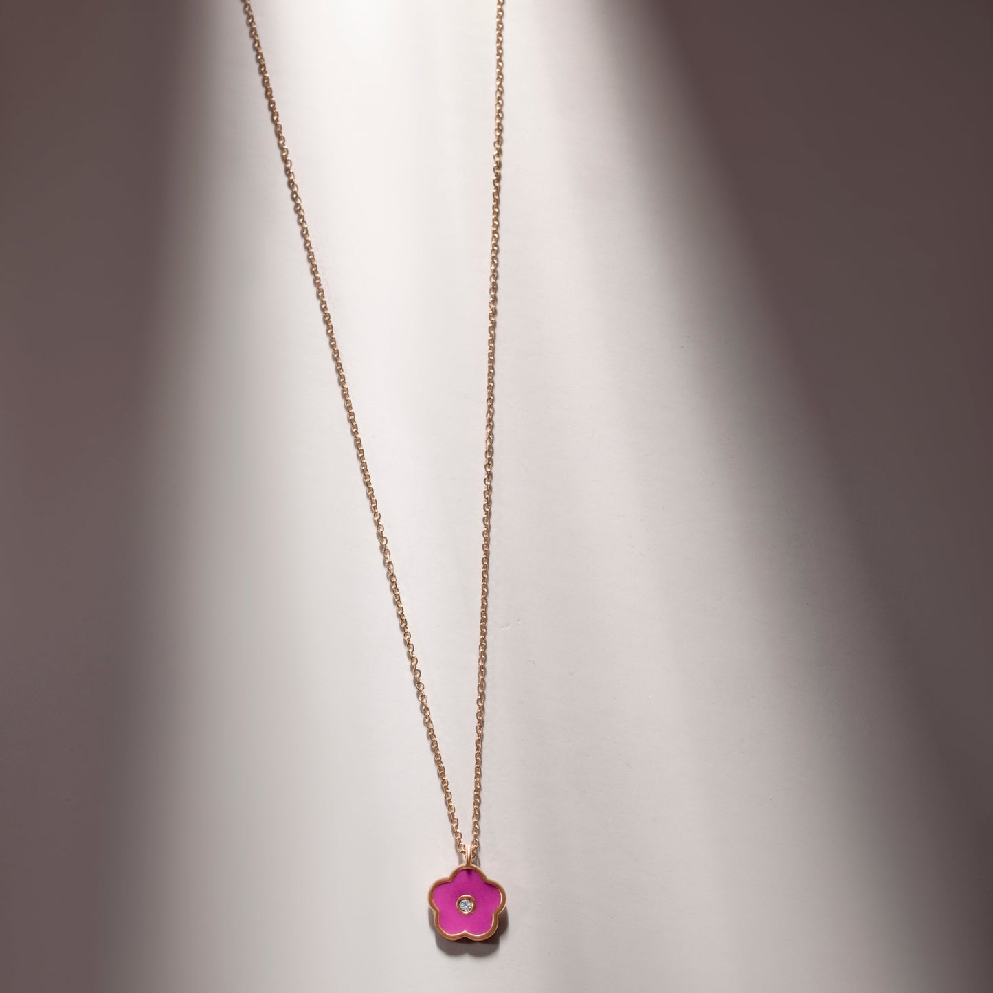 DIAMOND STUDDED PINK FLOWER YELLOW GOLD PENDANT