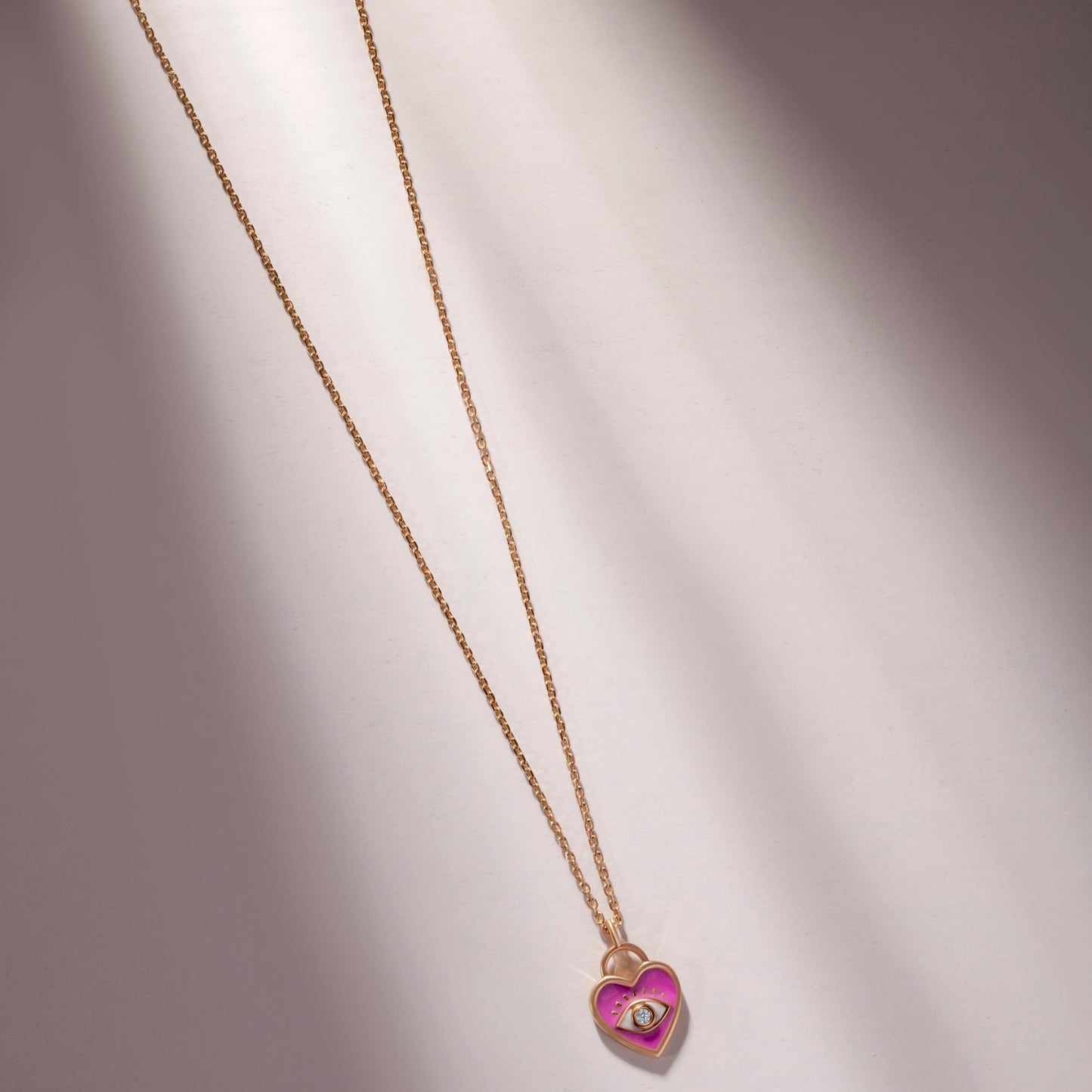 PINK HEART CHARM DIAMOND STUDDED YELLOW GOLD PENDANT CHAIN