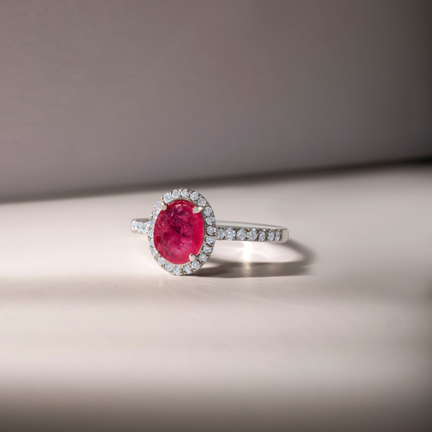 RUBY HALO DIAMOND STUDDED WHITE GOLD RING