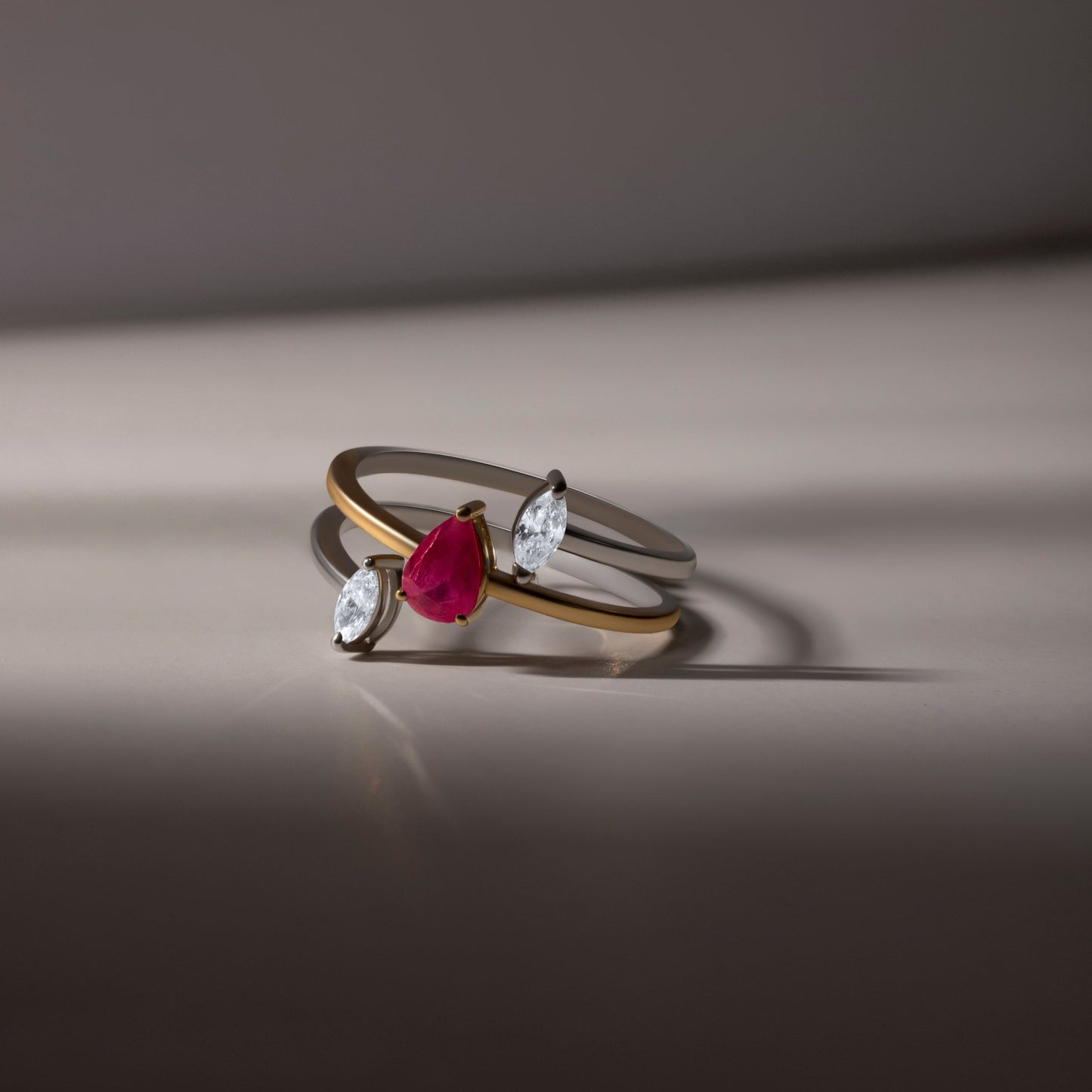 RUBY STUDDED SPARKLING DIAMOND DUO RING